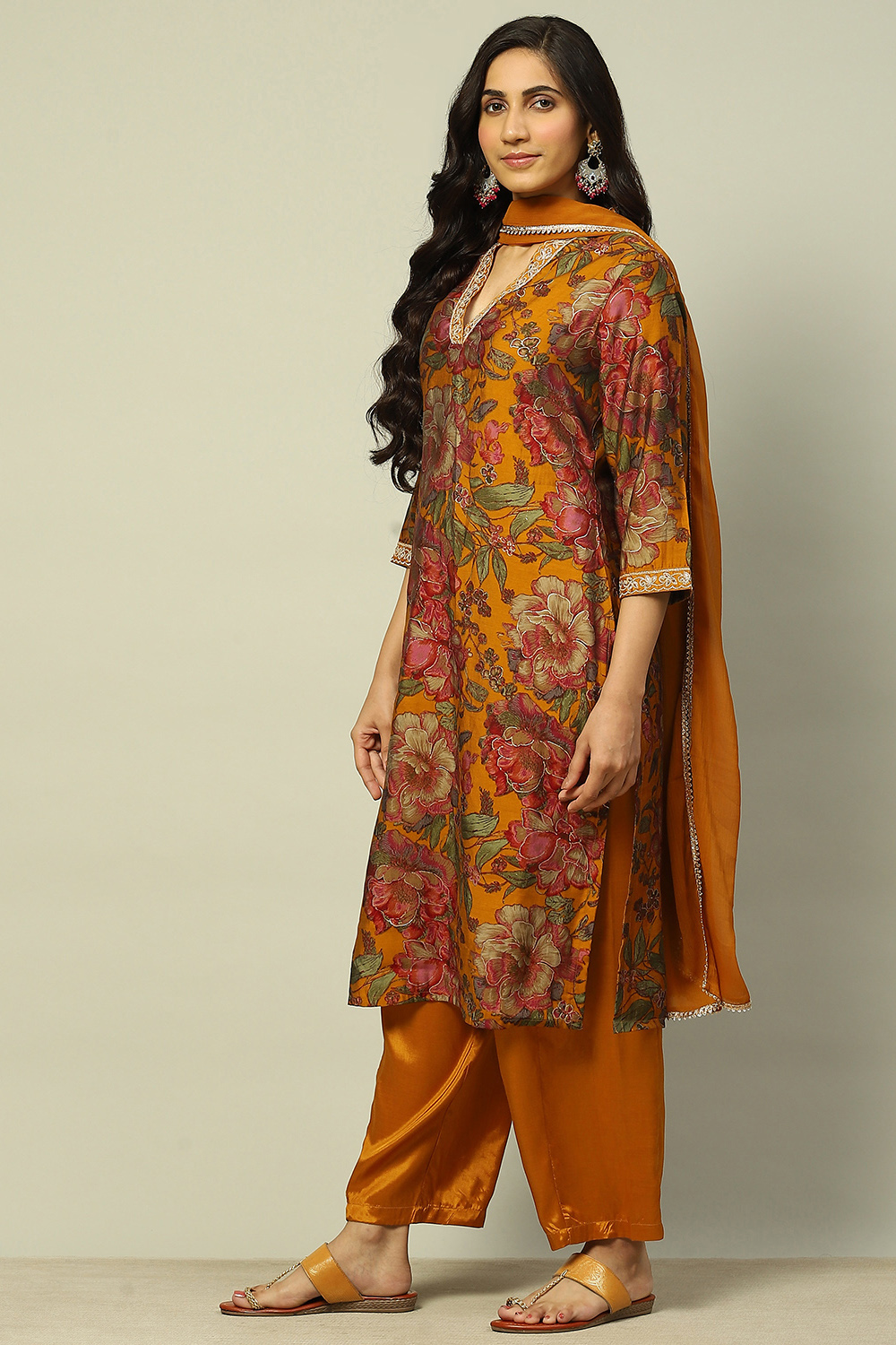 Mustard Viscose Blend Floral Printed Straight Suit Set image number 3