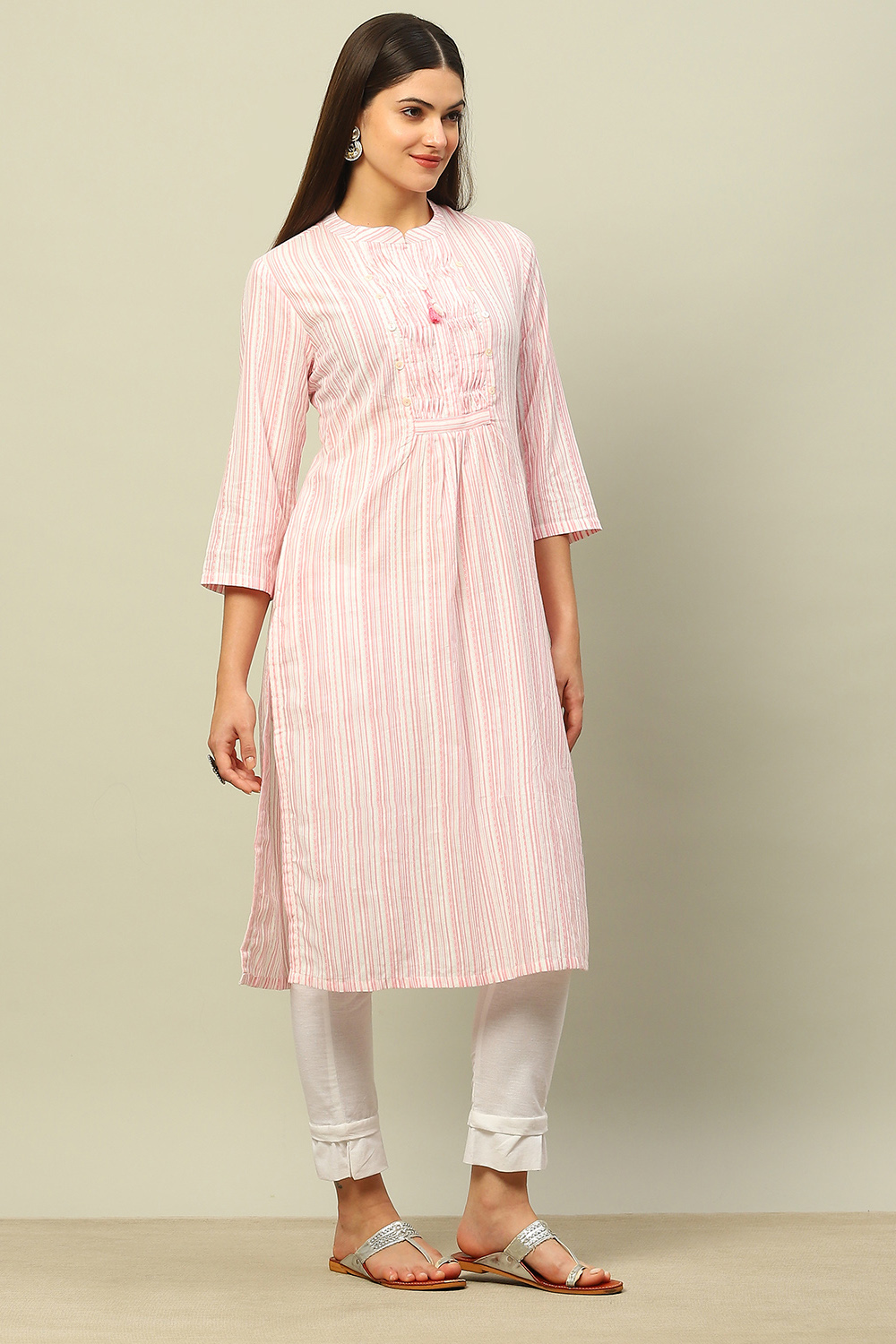 Pink Cotton Yarndyed Straight Kurta image number 4