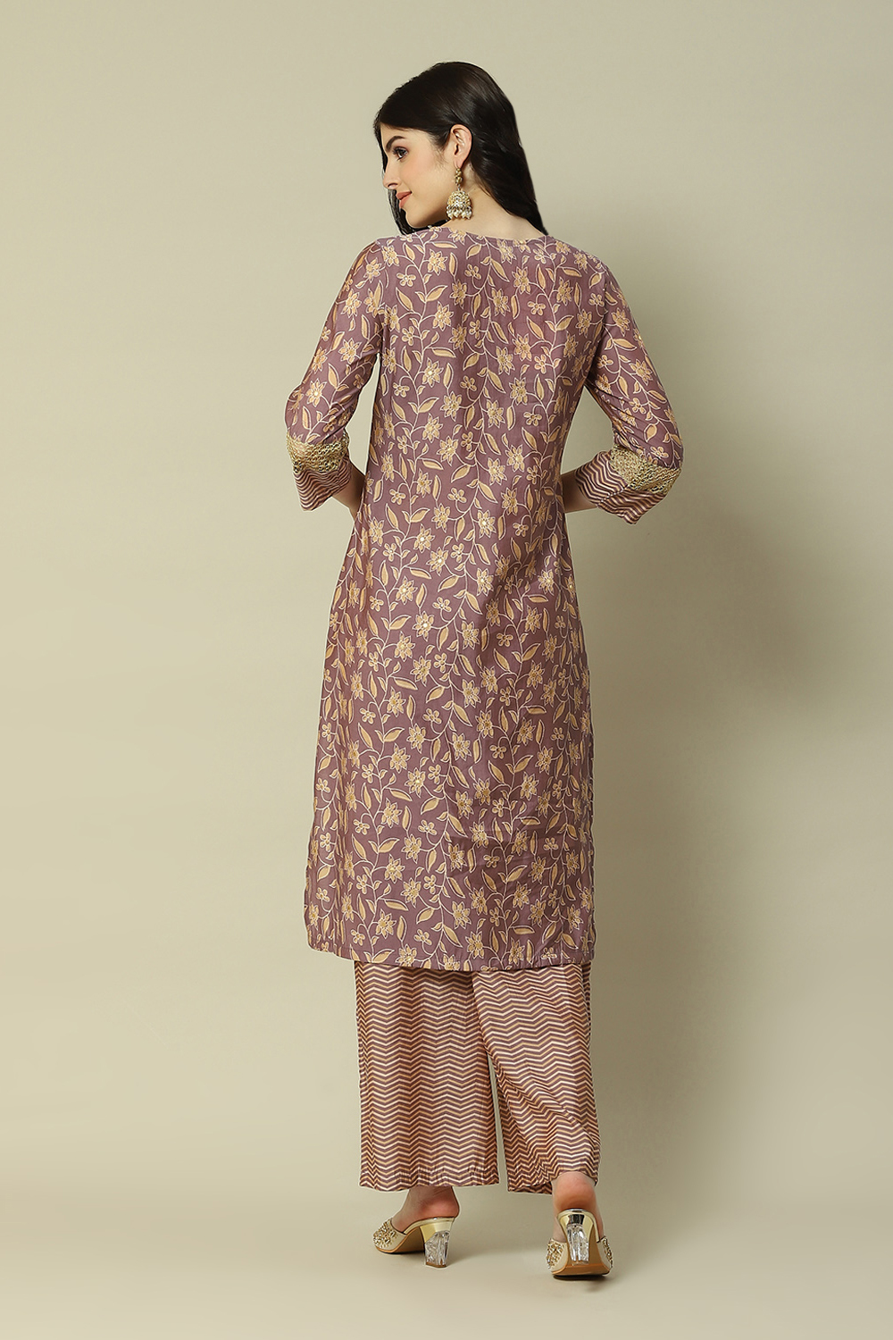 Mauve LIVA Straight Printed Kurta Palazzo Suit Set image number 4