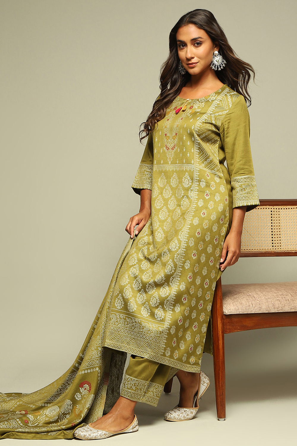 Lime Acrylic Straight Yarn Dyed Kurta Palazzo Suit Set image number 0