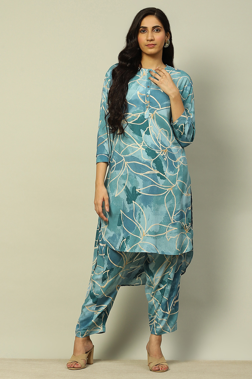 Aqua Blue Rayon Straight Printed Kurta Palazzo Suit Set image number 0