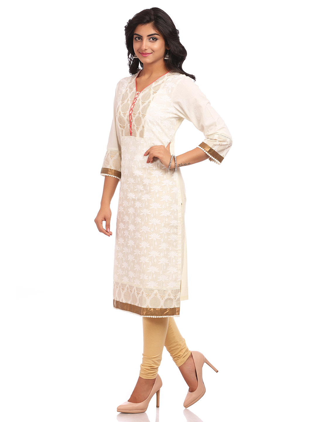 Off White Straight Cotton Kurta image number 3