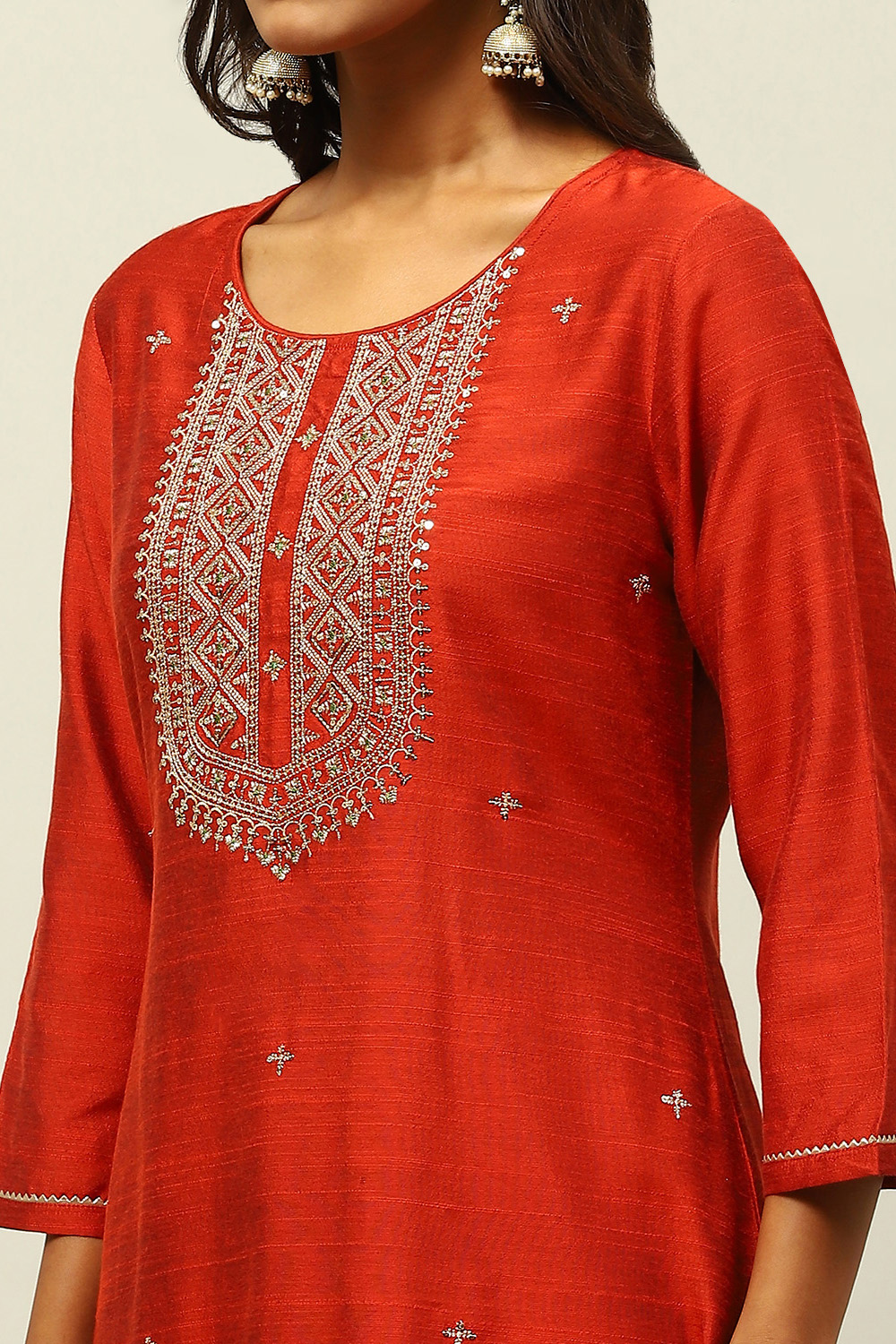 Rust-Red Viscose Blend Straight Solid Kurta Palazzo Suit Set image number 1