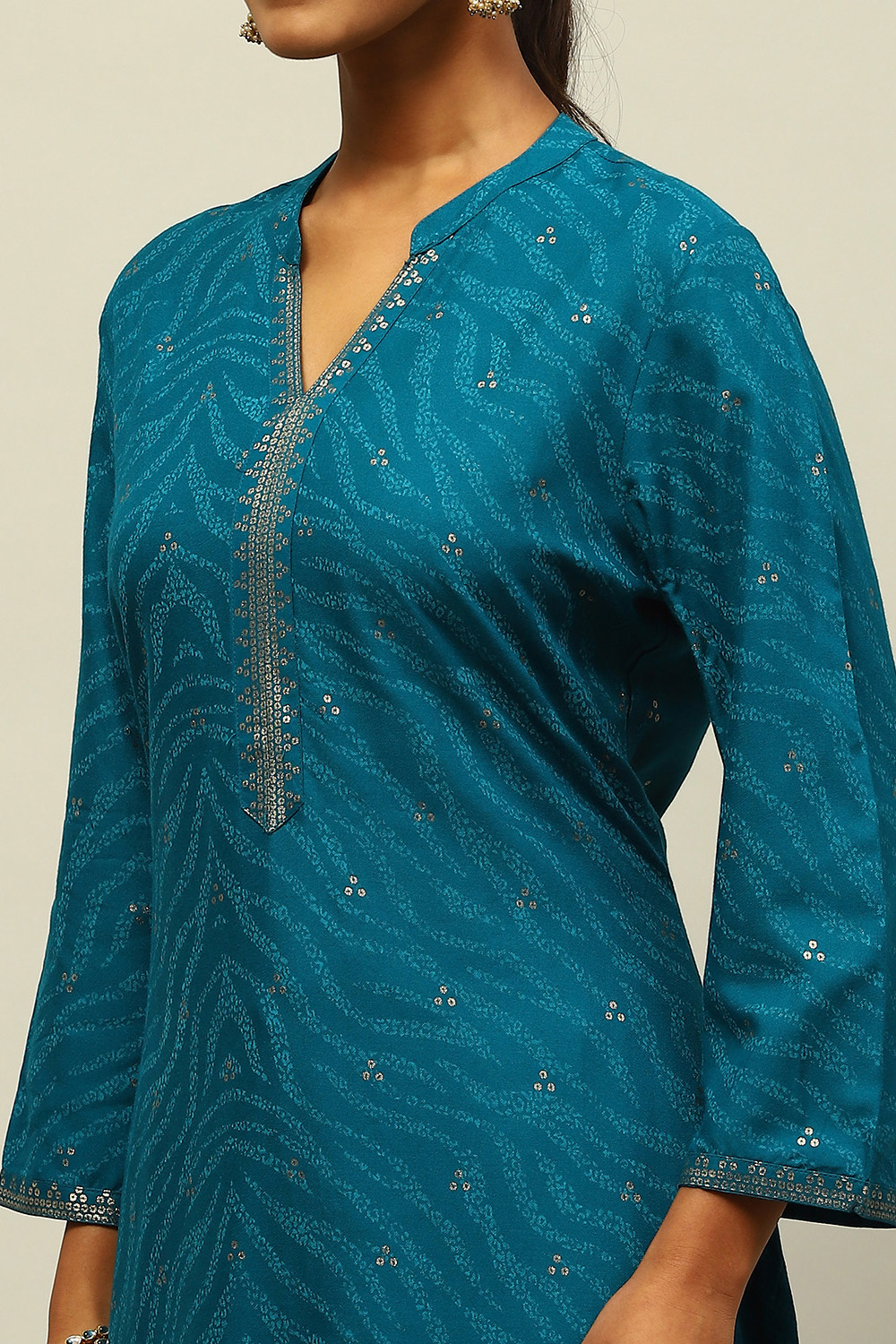 Teal Blue Rayon Straight Printed Kurta Salwar Pants Suit Set image number 1