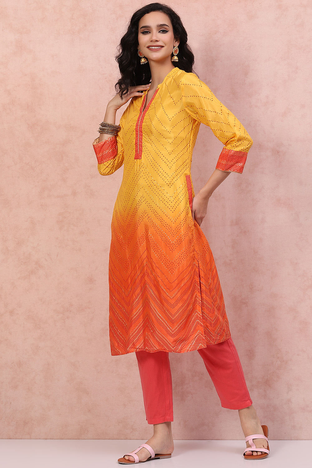 Mustard LIVA Straight Ombre Kurta image number 2