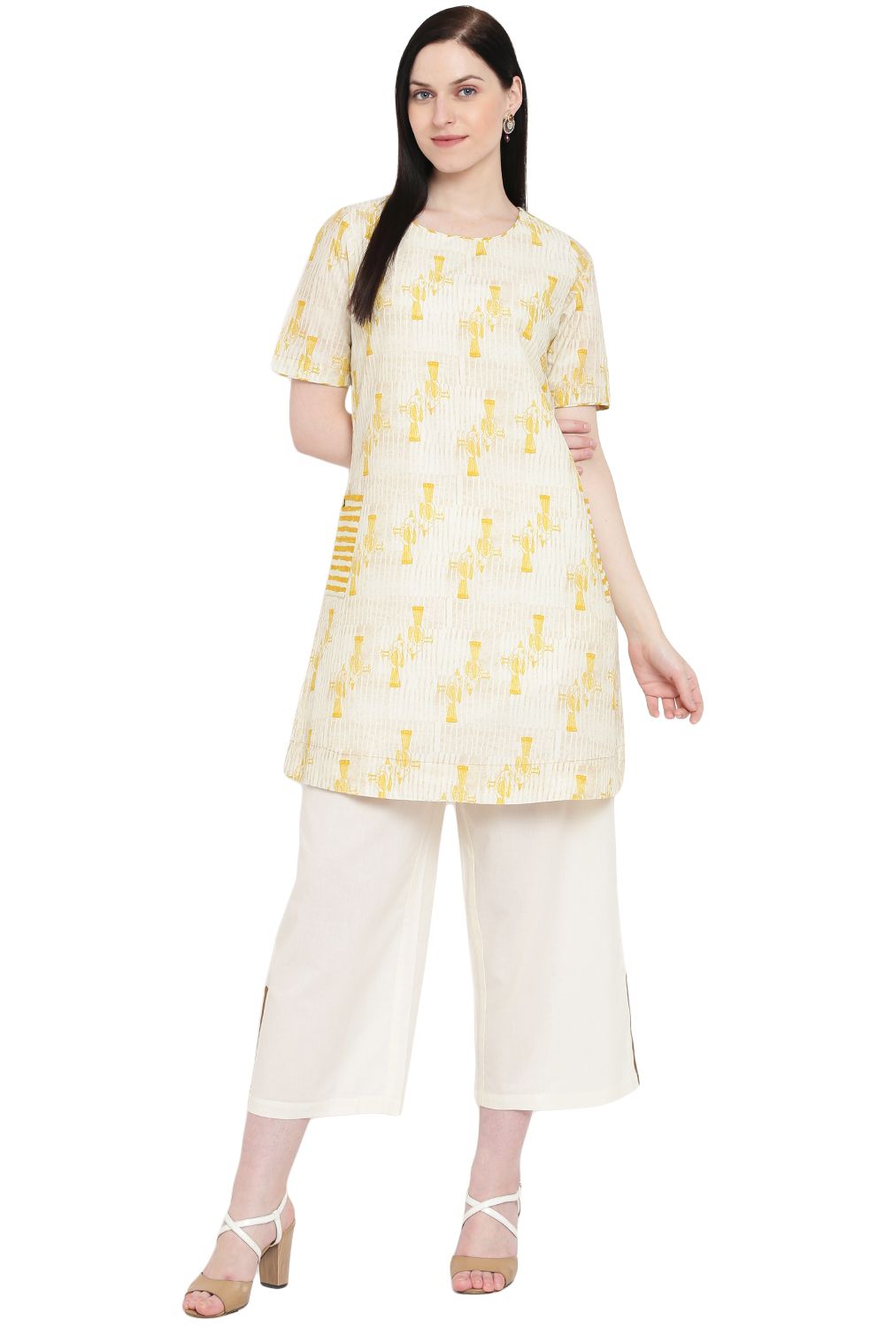 Beige Cotton A-Line Kurta image number 6