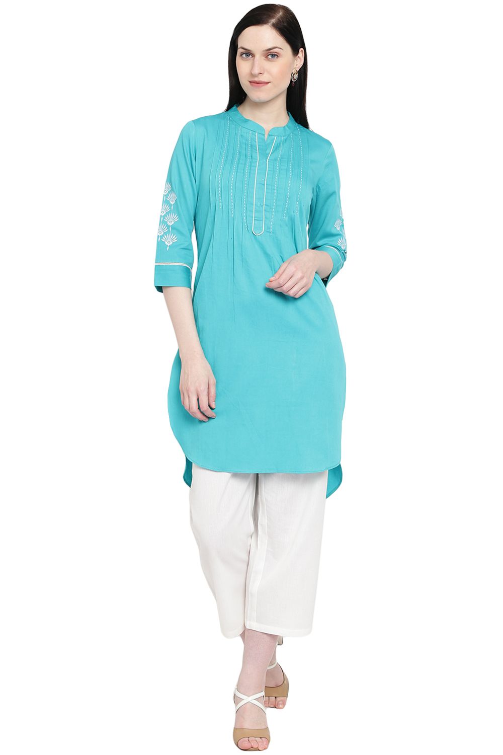 Turquoise Cotton Straight Kurta image number 0