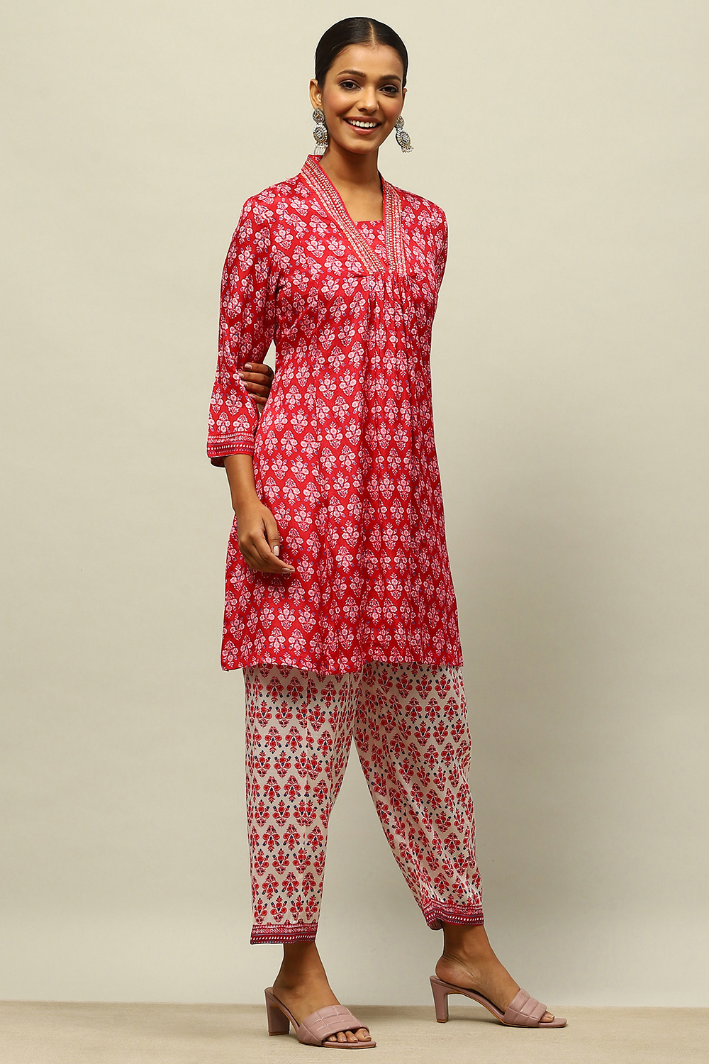 Red Viscose Blend Kalidar Printed Kurta Palazzo Suit Set image number 5