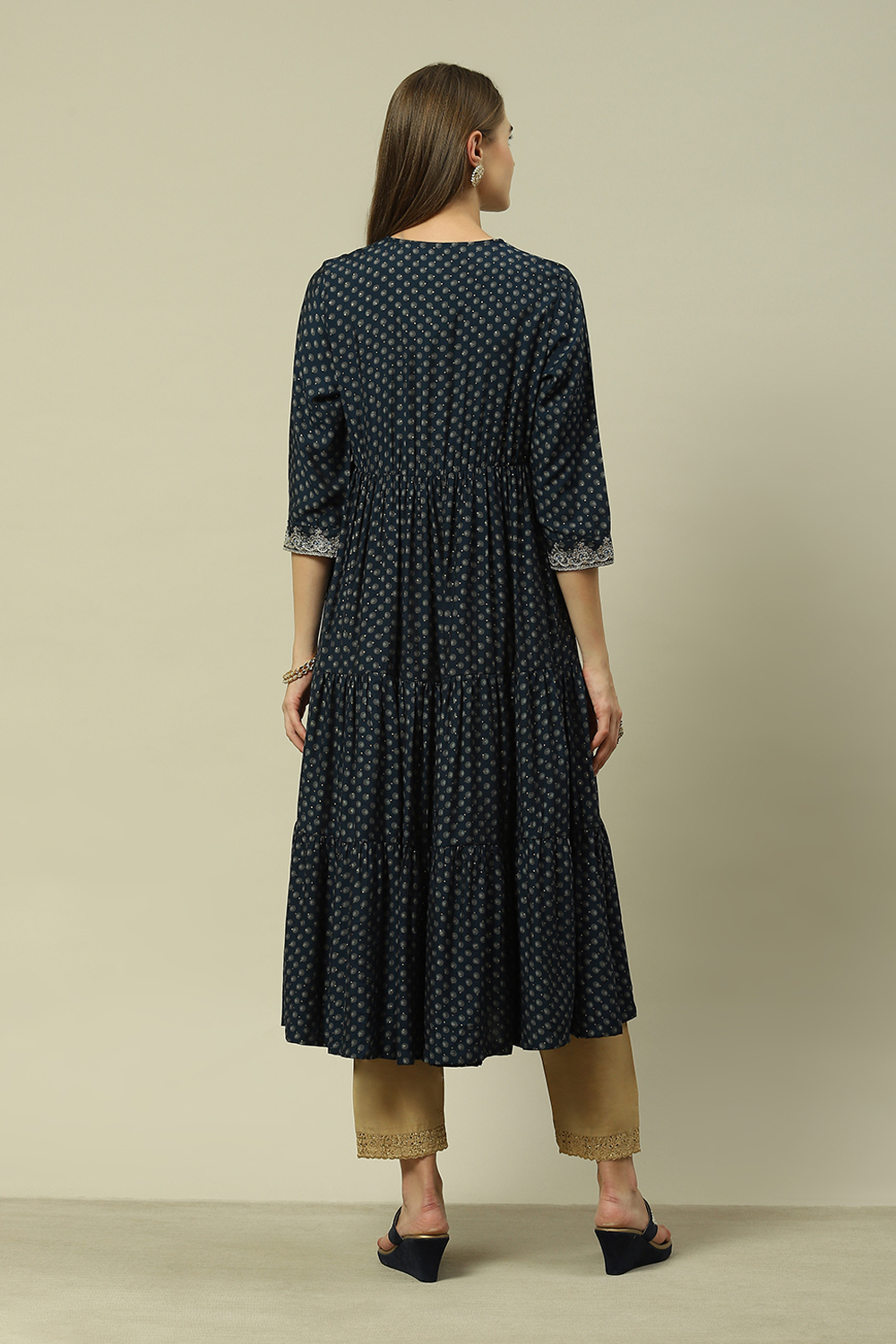 Navy LIVA A-Line Printed Dress image number 3