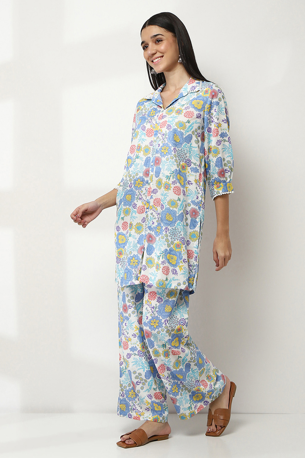 Aqua Floral Printed Straight Co-ord Set image number 3