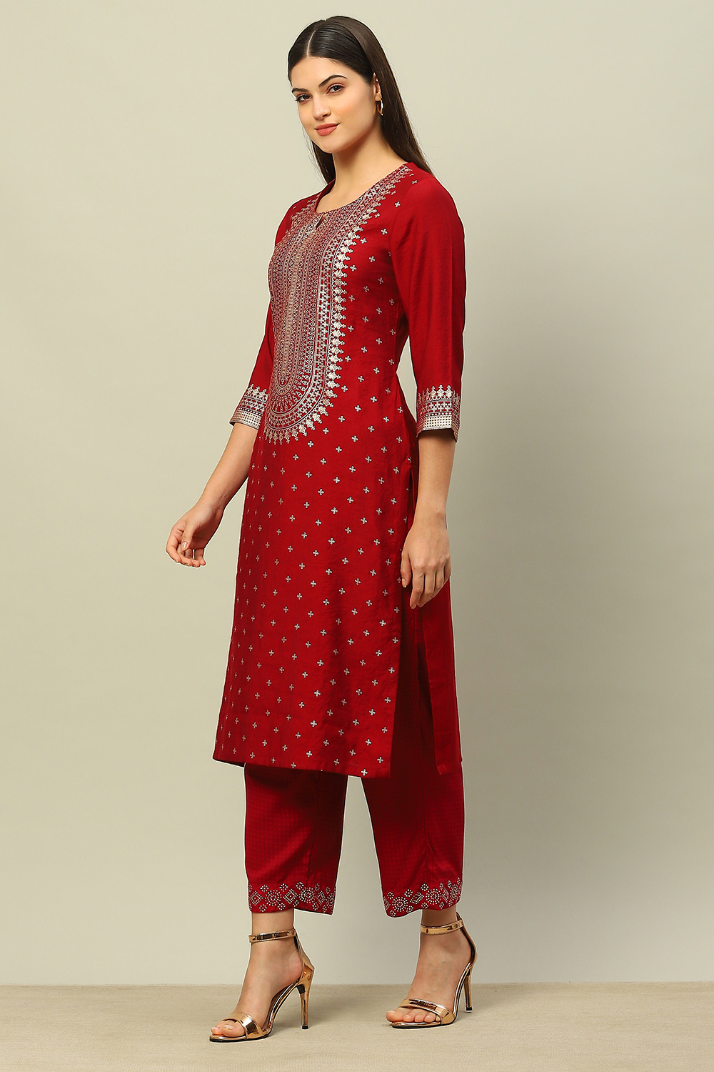 Red Viscose Blend Printed Straight Kurta image number 2