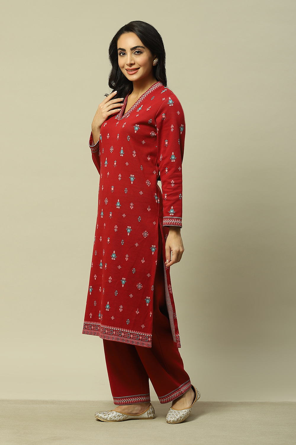 Deep Red Jacquard Straight Printed Kurta Palazzo Suit Set image number 3