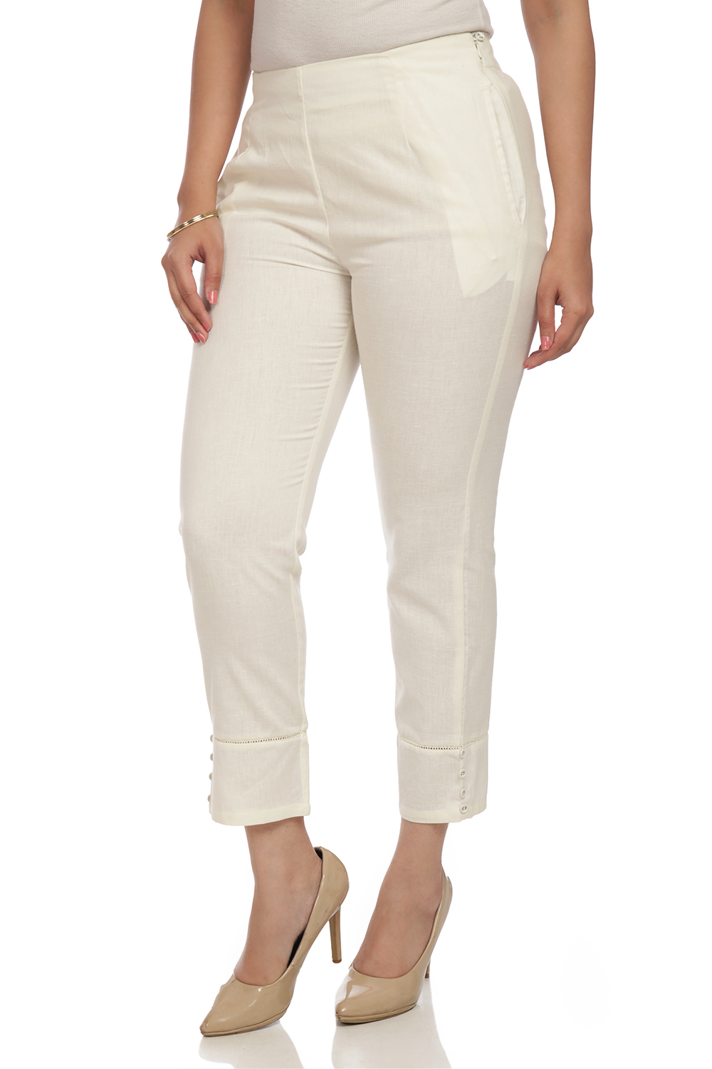 Ecru Cotton Slim Pants image number 2