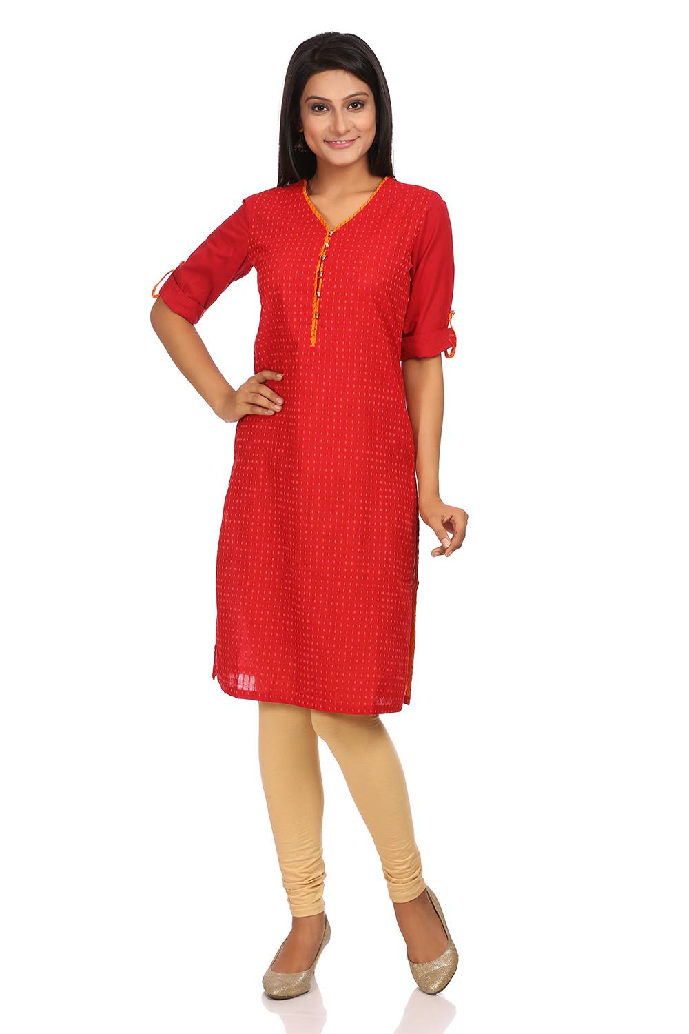 Red Straight Cotton Kurta image number 0