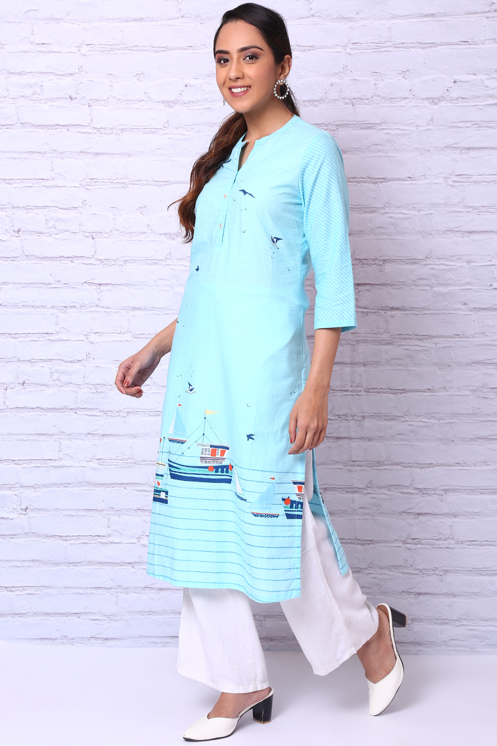 Sky Blue Cotton Slub Straight Kurta image number 1