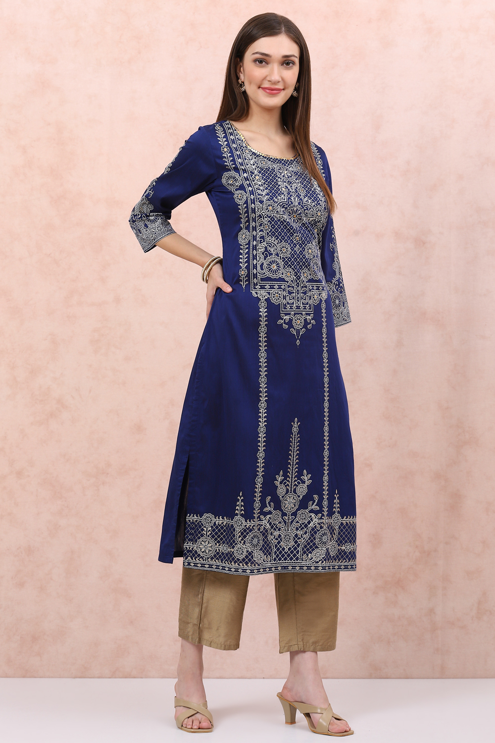 Blue Art Silk Straight Kurta image number 3