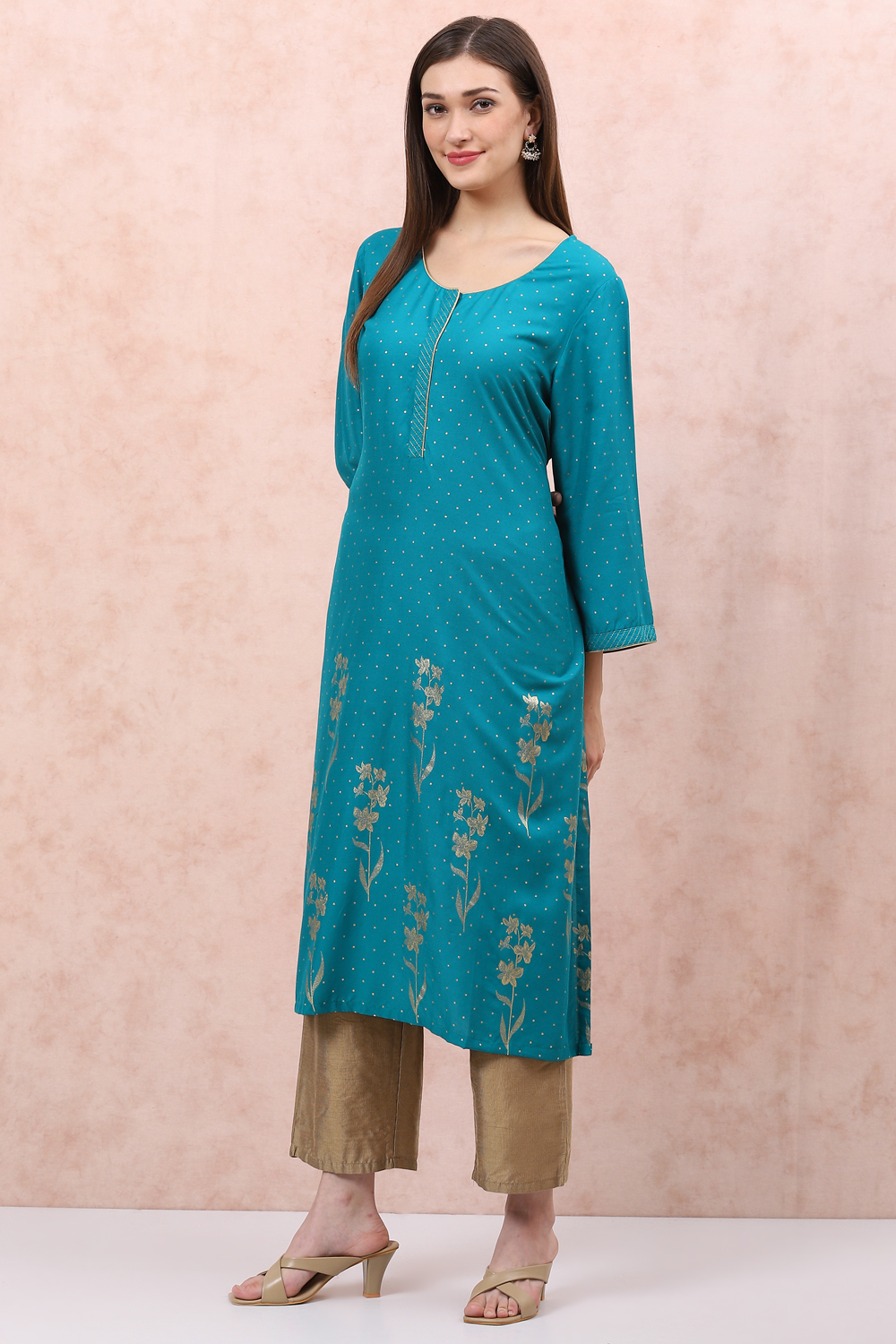 Turquoise LIVA Straight Kurta image number 2