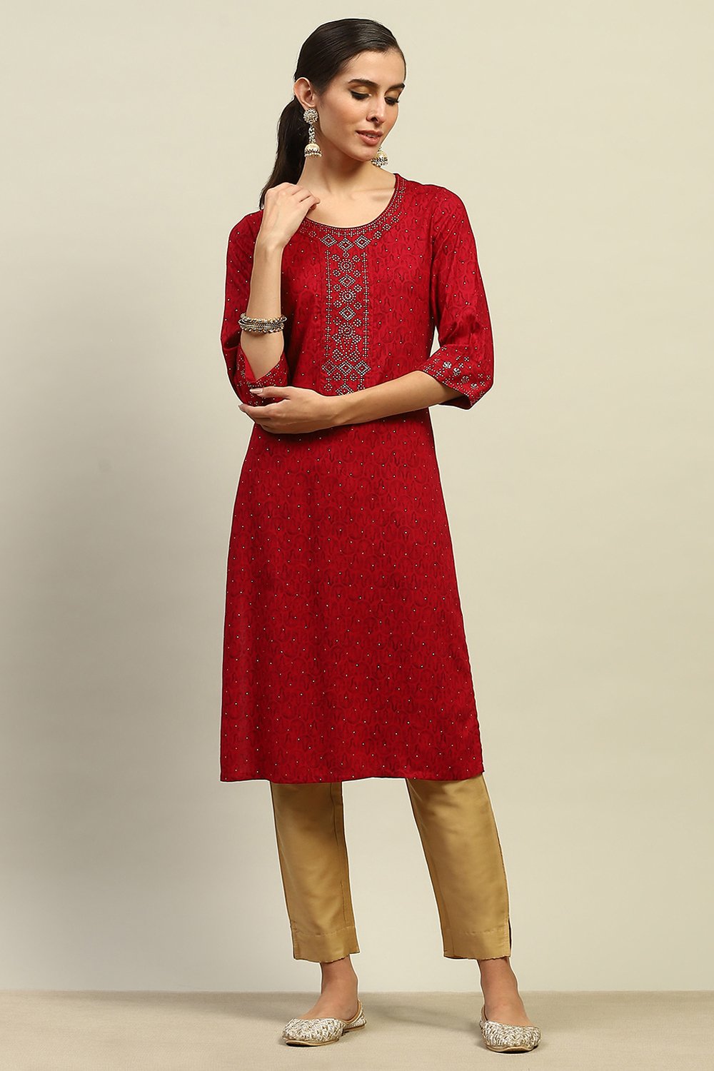 Red Rayon Slub Printed Straight Kurta image number 0