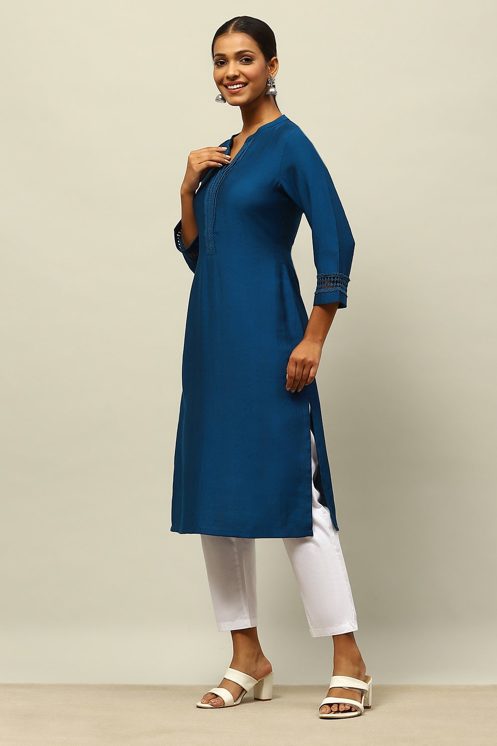 Blue Viscose Blend Straight Kurta image number 2