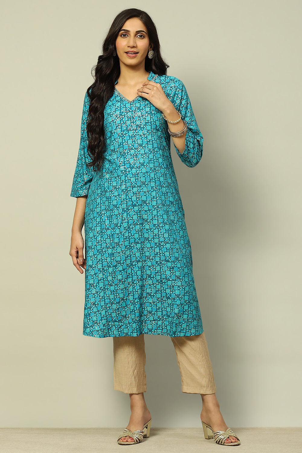 Blue Viscose Blend Geometric Printed Straight Kurta image number 0