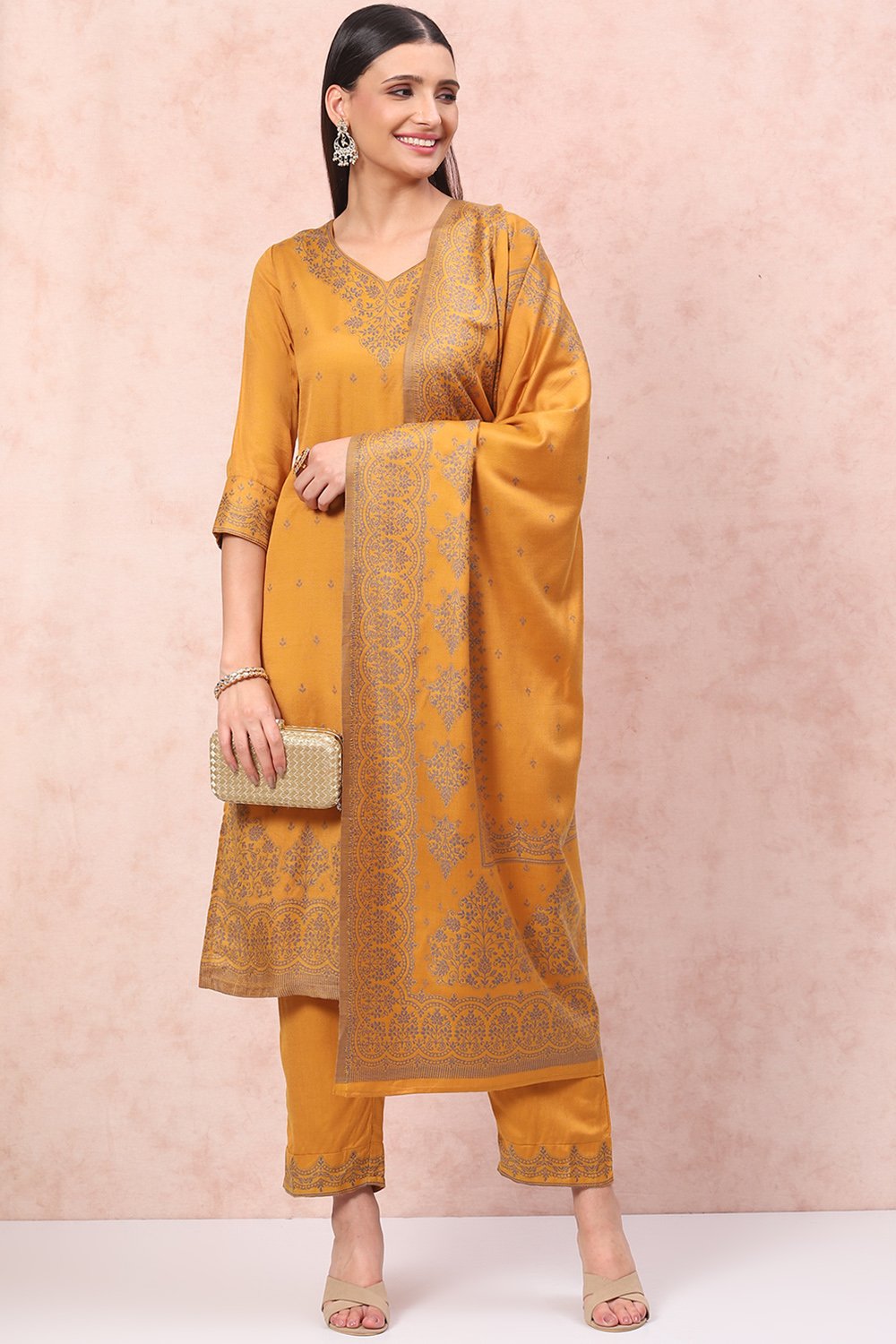 Mustard Art Silk Straight Suit Set image number 7