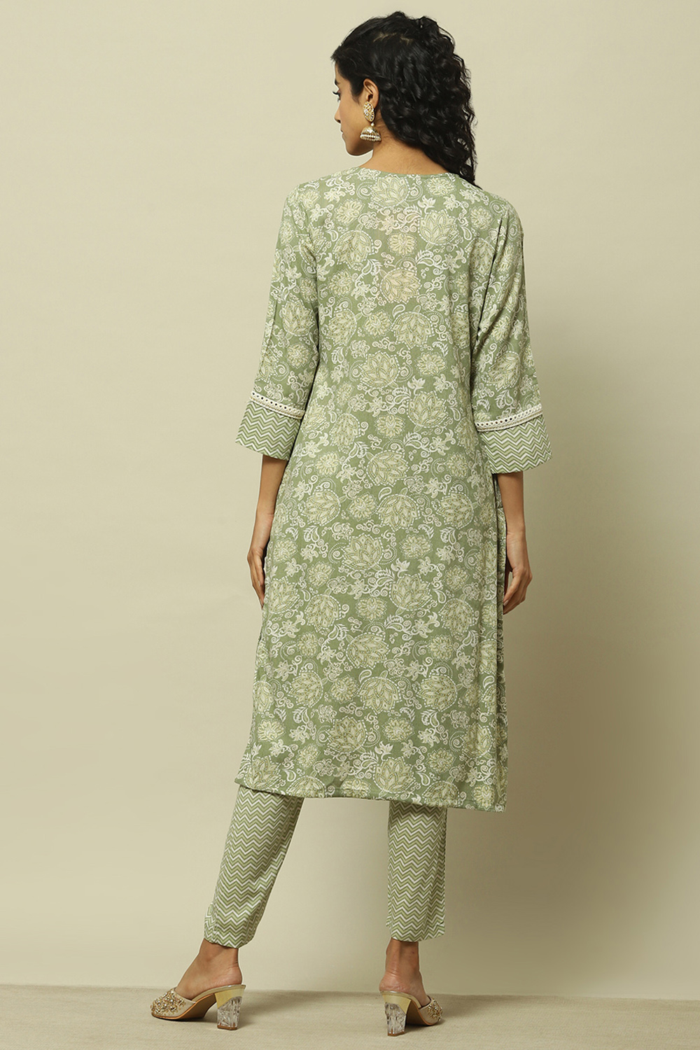 Sage Green Printed  Kurta & Pants Suit Set image number 4