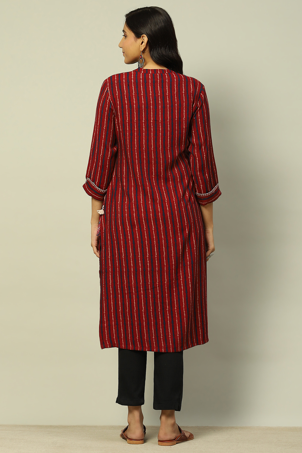 Red Viscose Blend Striped Straight Kurta image number 3