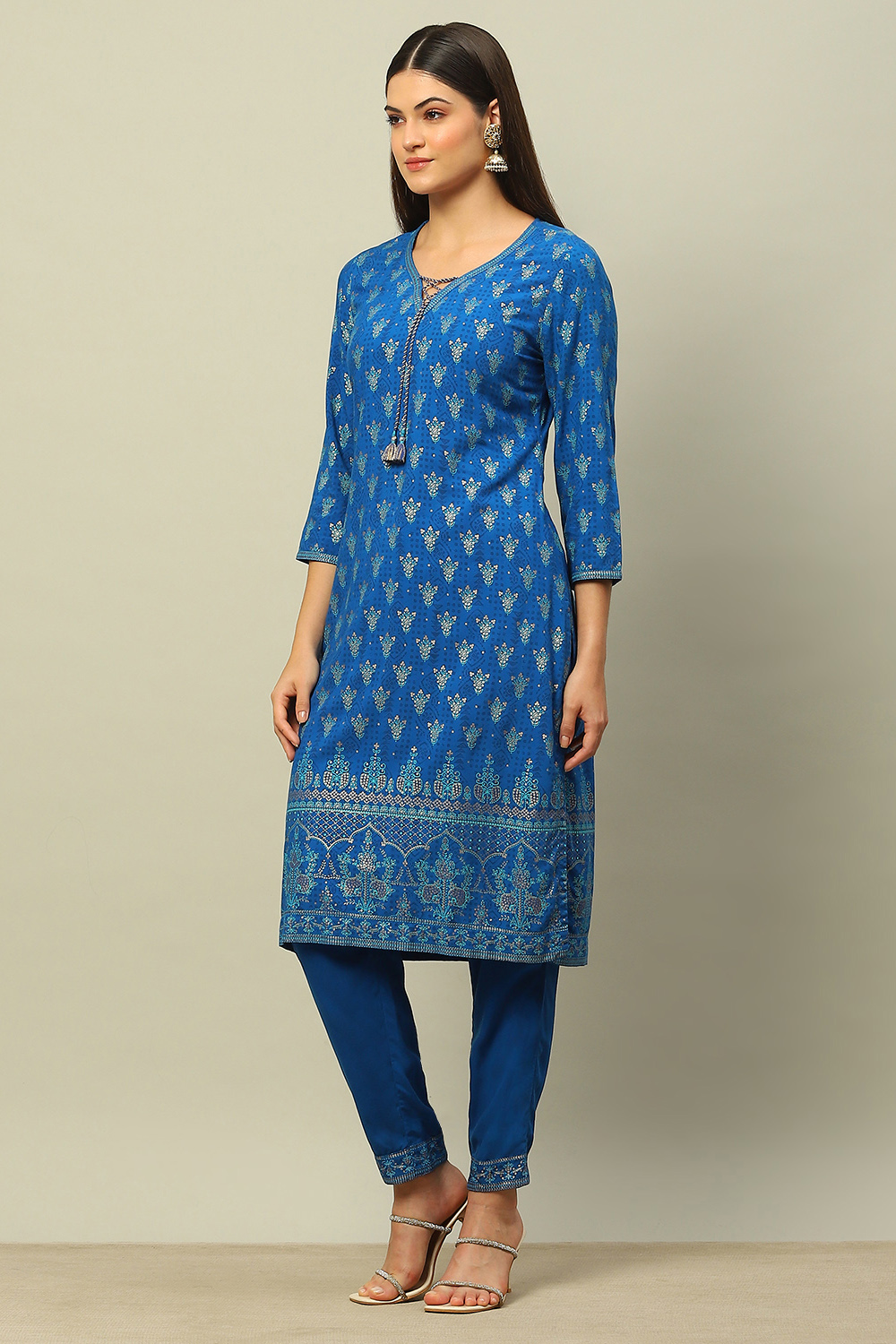 Blue Rayon Straight Printed Kurta Salwar Pants Suit Set image number 3