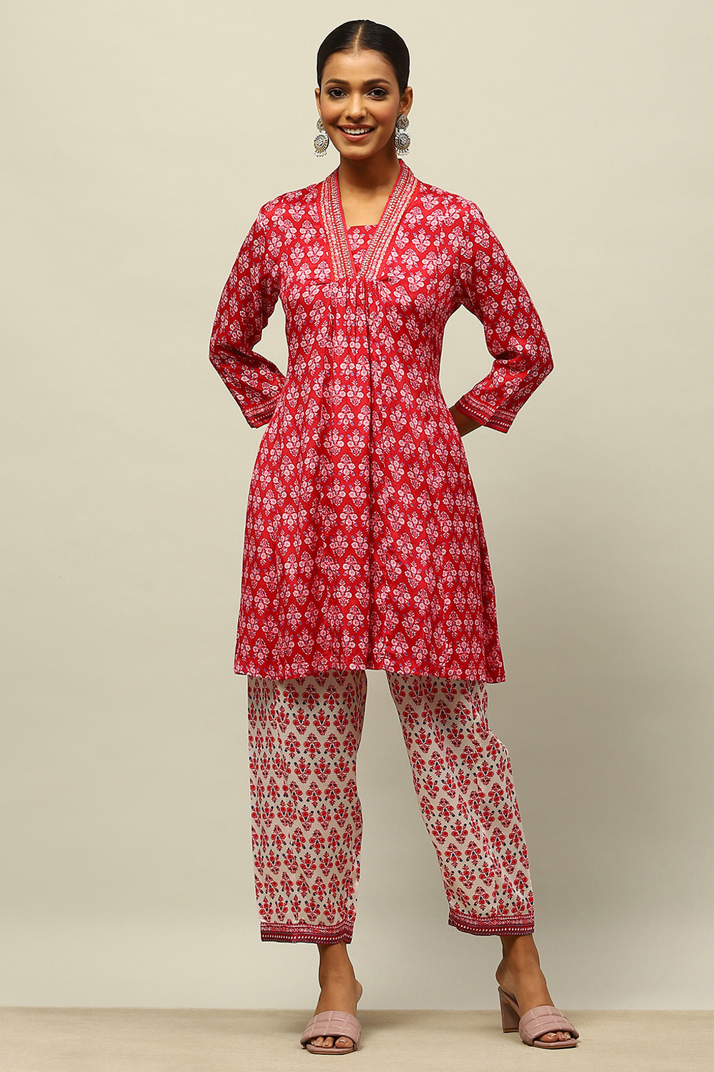 Red Viscose Blend Kalidar Printed Kurta Palazzo Suit Set image number 0