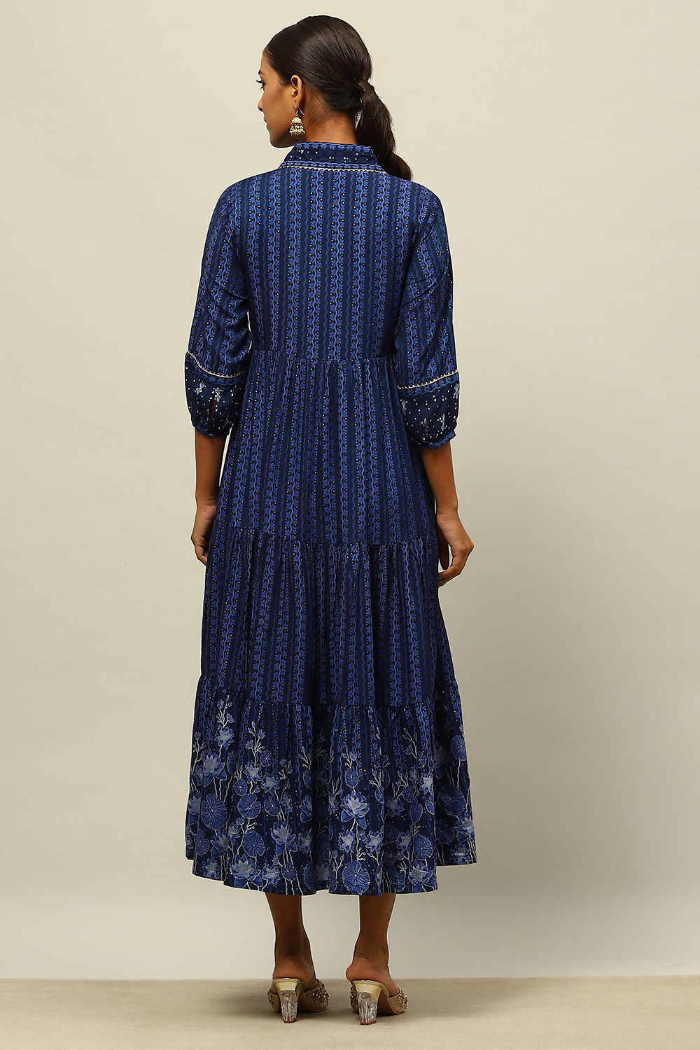 Blue Viscose Muslin Printed Tiered Dress image number 3