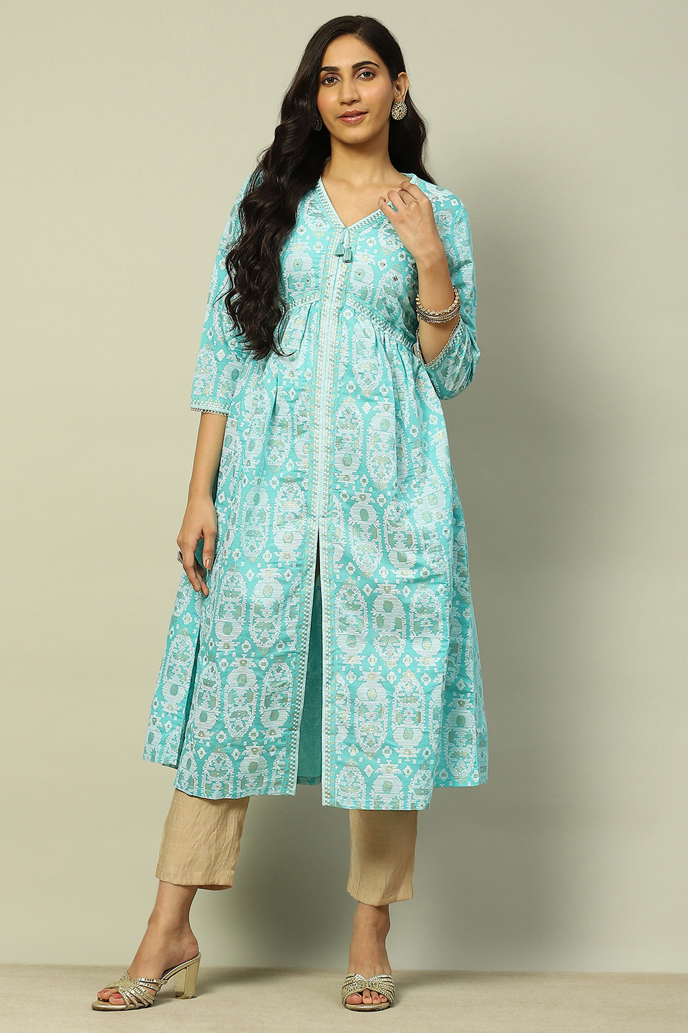 Aqua Blue Viscose Printed Gathered A-Line Kurta image number 0