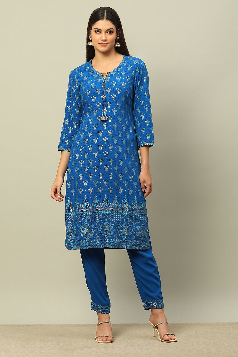 Blue Rayon Straight Printed Kurta Salwar Pants Suit Set image number 6