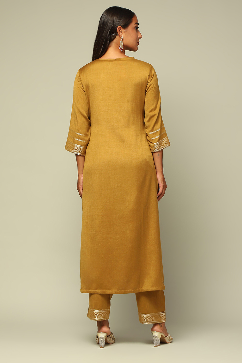 Mustard Acrylic Straight Yarn Dyed Kurta Palazzo Suit Set image number 4