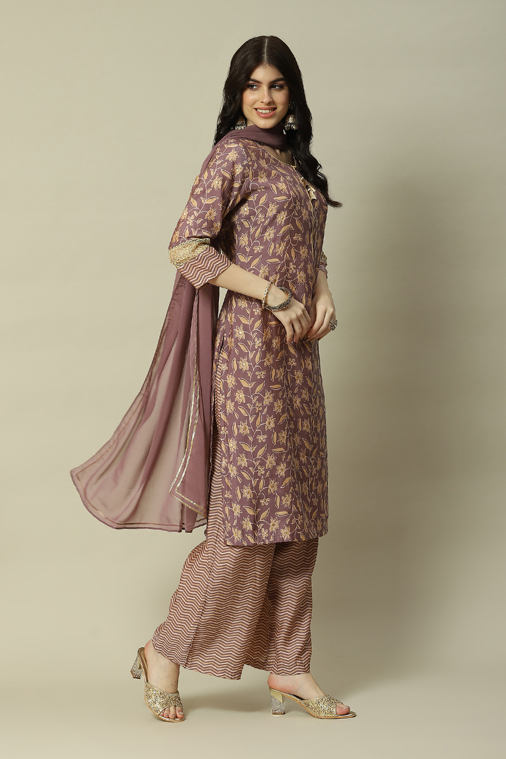 Mauve LIVA Straight Printed Kurta Palazzo Suit Set image number 6