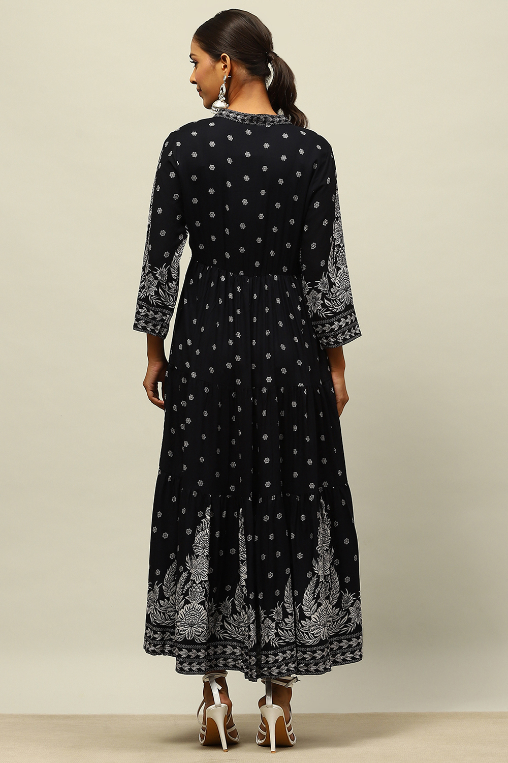 Black Rayon Printed Tiered Dress image number 3