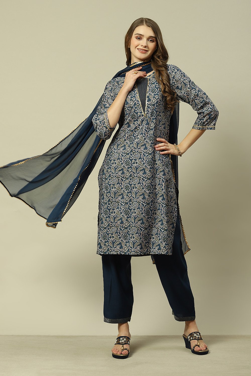 Navy Blue LIVA Straight Printed Kurta Palazzo Suit Set image number 0