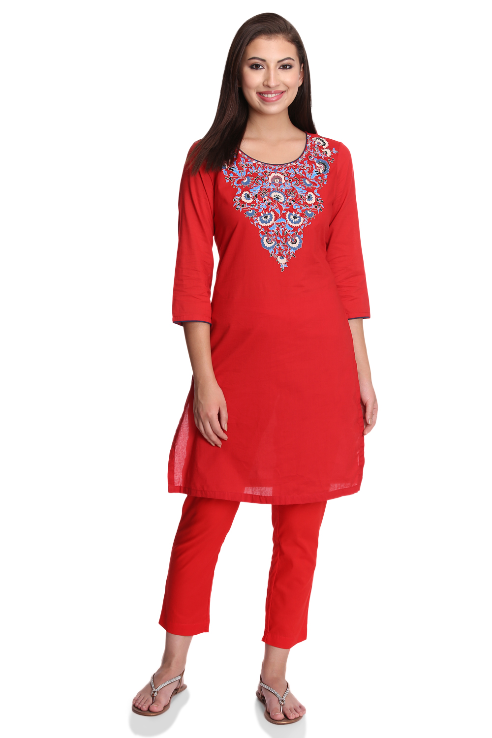 Red Straight Cambric Cotton Kurta image number 0