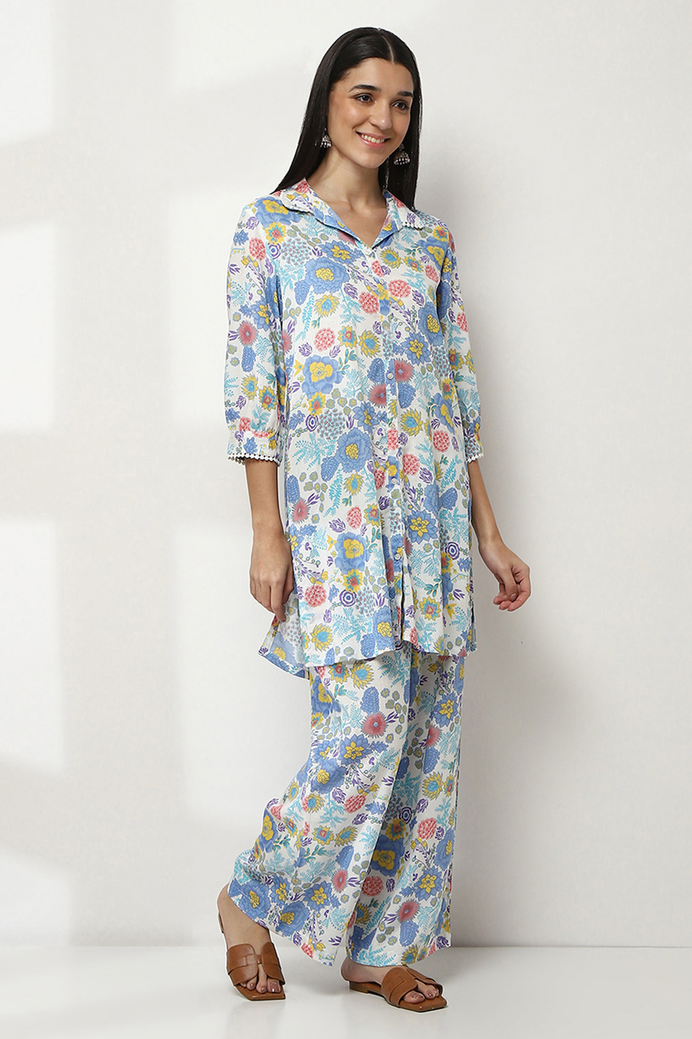 Aqua Floral Printed Straight Co-ord Set image number 5