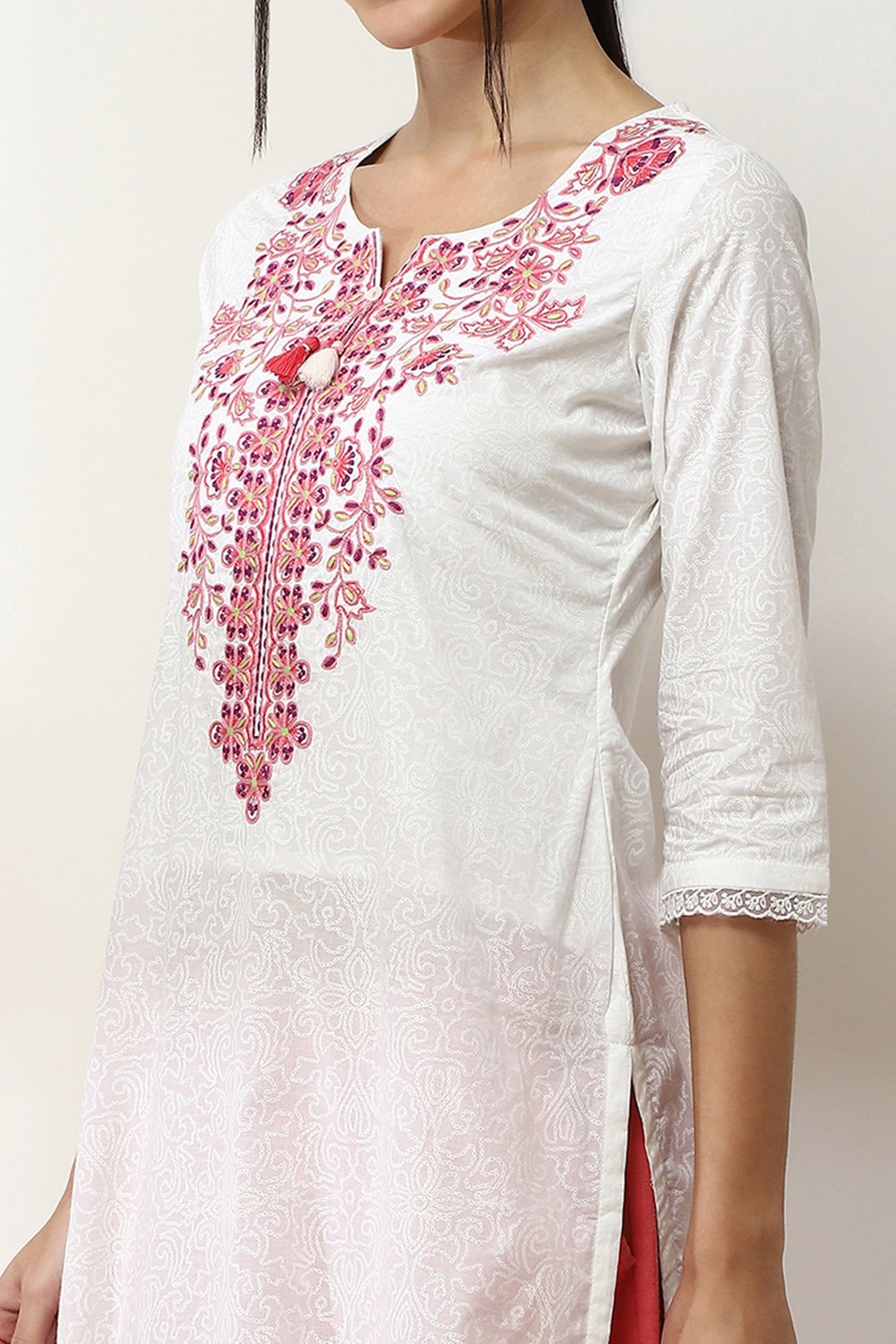 White Cotton Printed Straight Kurta image number 1