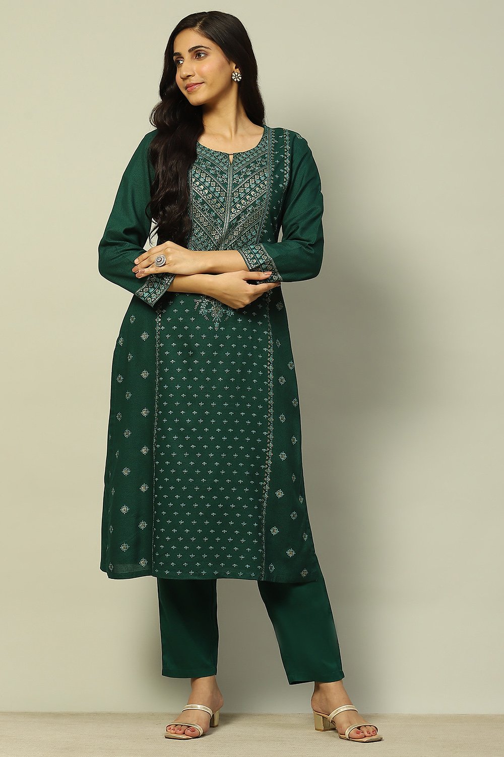 Dark Green Liva Printed Straight Festive Kurta Set image number 0