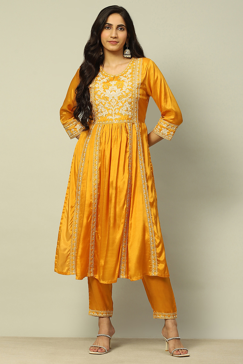 Mustard Yellow Viscose Shantoon Pleated Festive Kurta Set image number 6