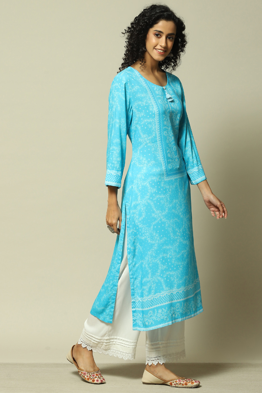 Aqua Blue LIVA Straight Printed Kurta image number 4