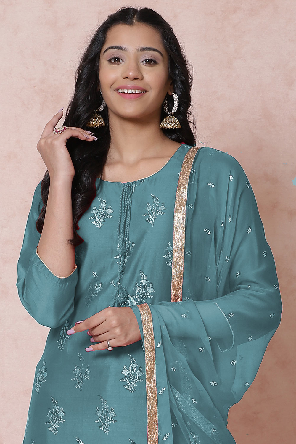 Blue Cotton Chanderi Straight Suit Set image number 1