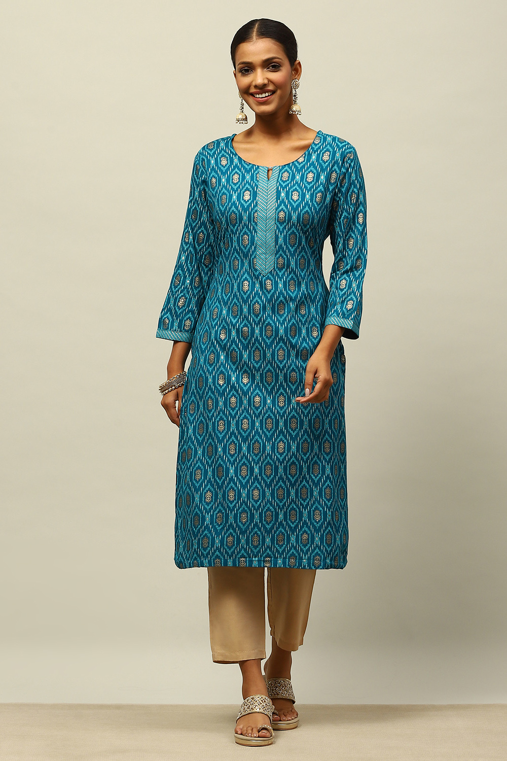 Blue Rayon Printed Straight Kurta image number 0