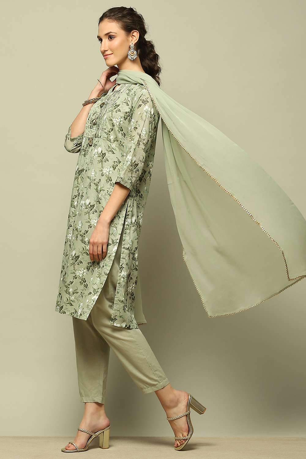 Sage Green Cotton Straight Printed Kurta Pants Suit Set image number 3