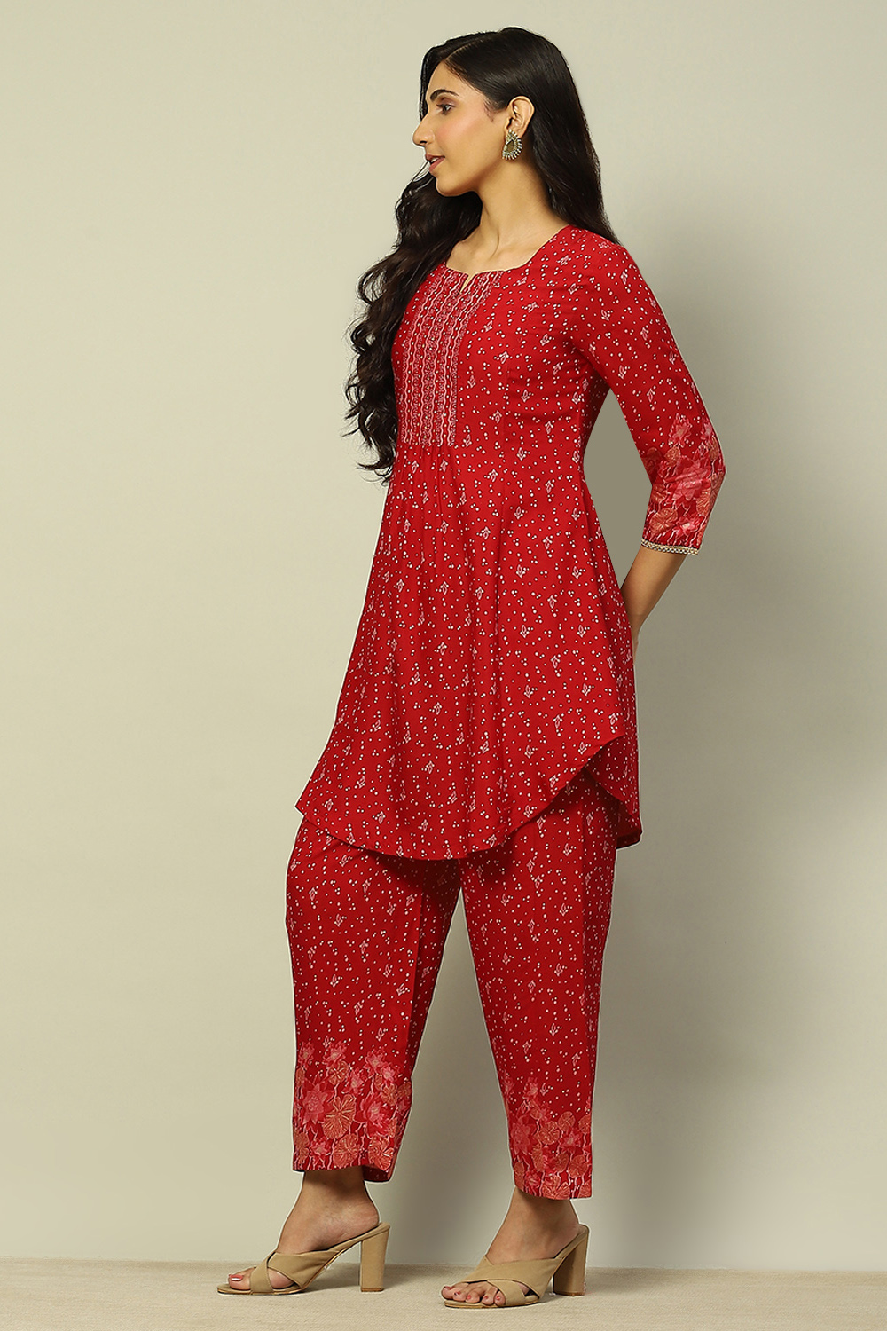 Red Viscose Blend Flared Printed Kurta Salwar Suit Set image number 3