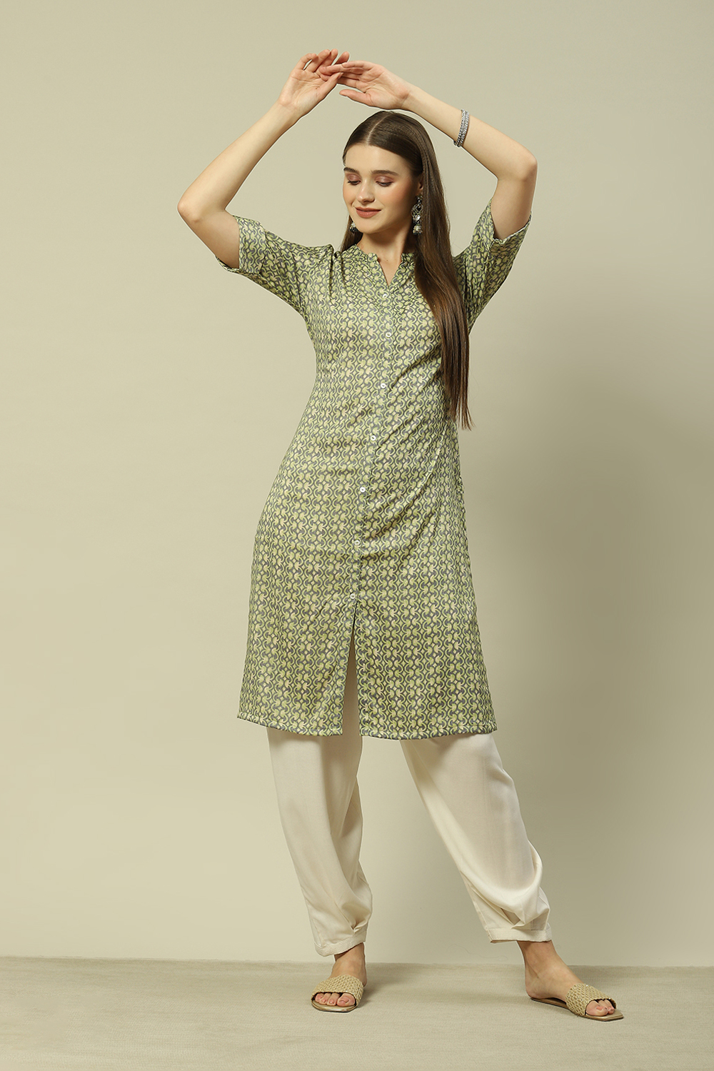 Green LIVA Blend Straight Printed Kurta image number 0