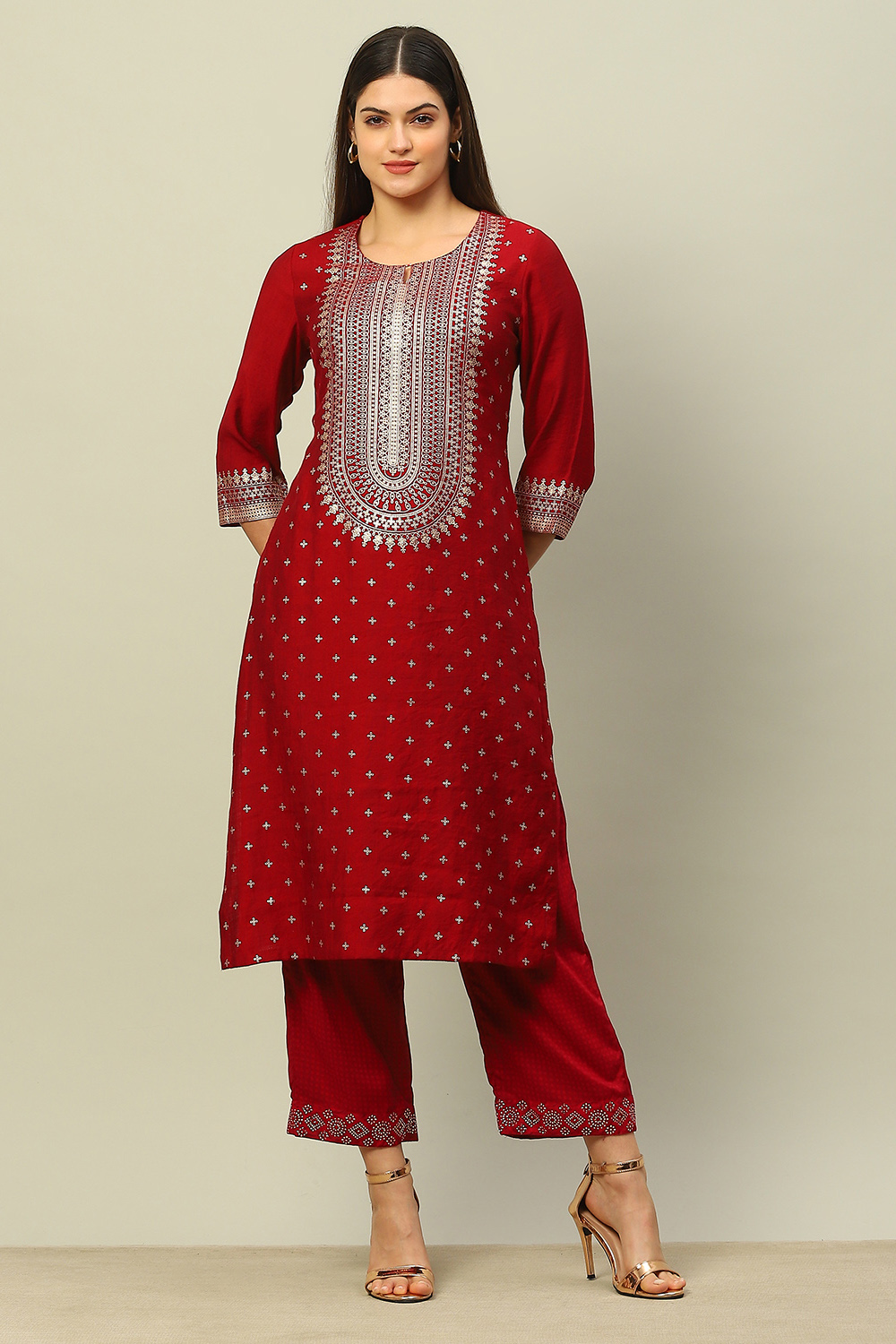 Red Viscose Blend Printed Straight Kurta image number 0