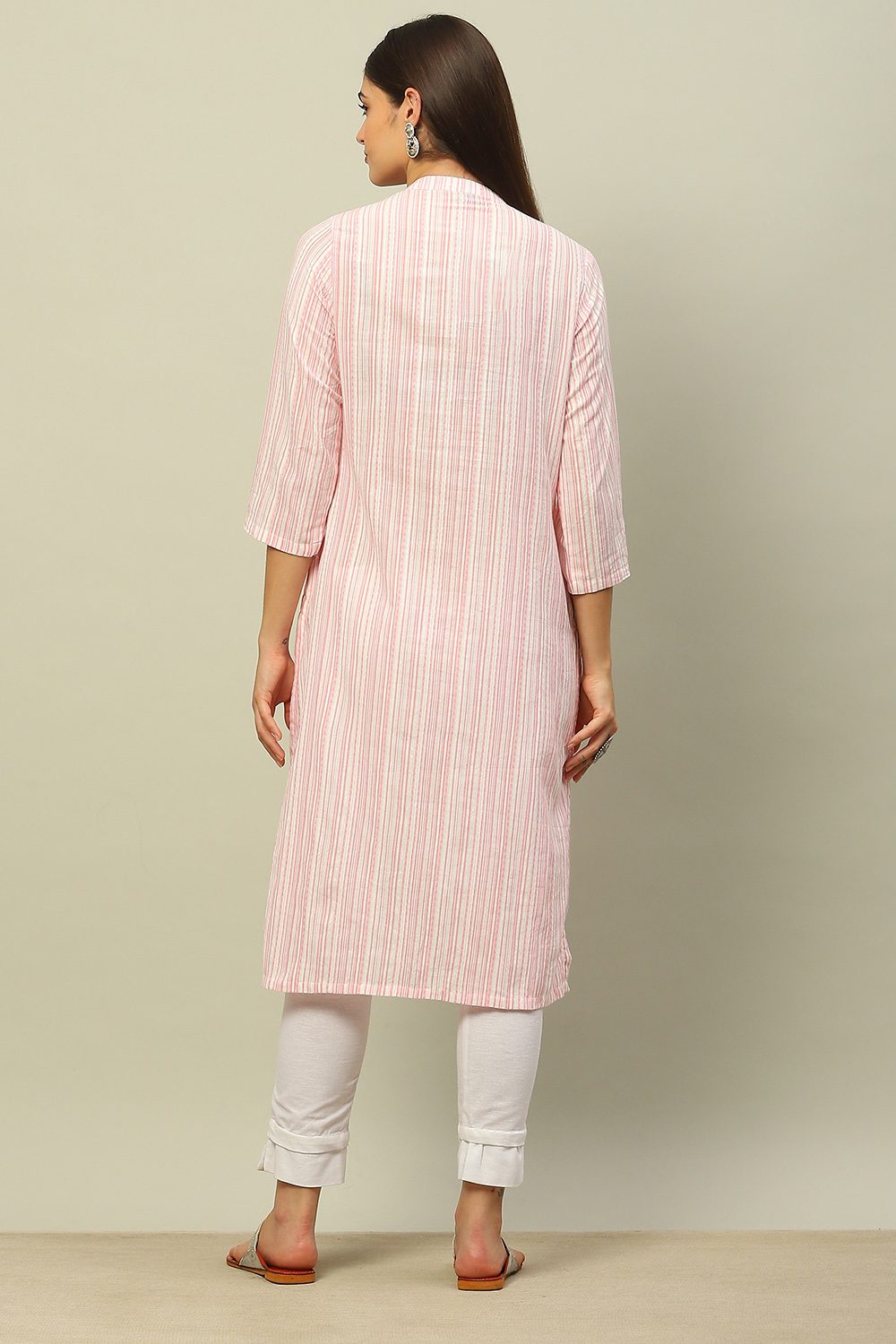 Pink Cotton Yarndyed Straight Kurta image number 3