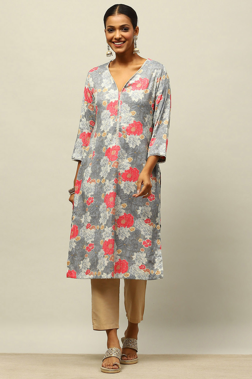 Grey Viscose Blend Printed Straight Kurta image number 0